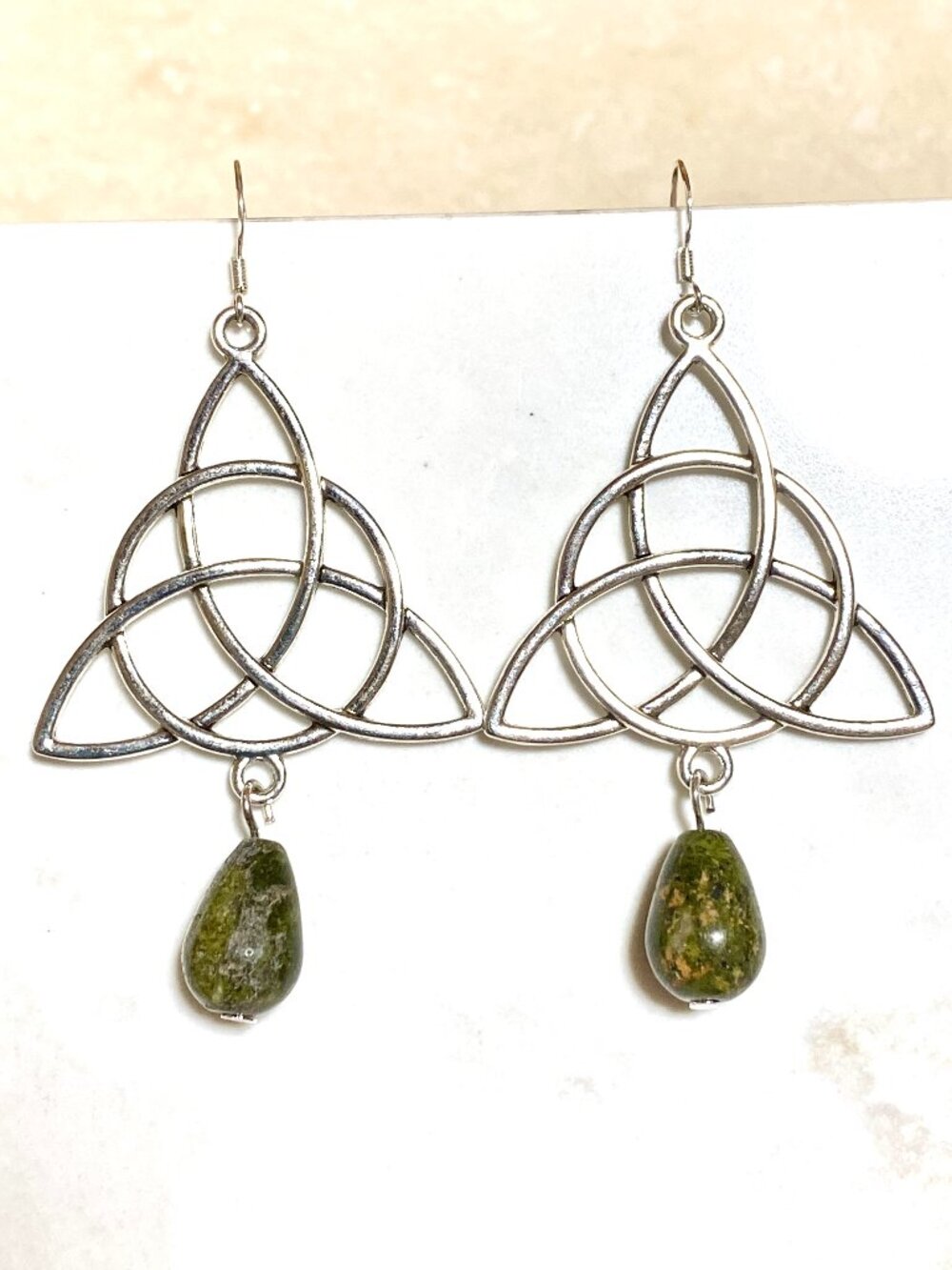 2/$20, Dark Green Unakite Celtic Trinity Earrings, Gemstone & 925 silver Hooks